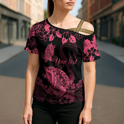 Personalised Polynesian Turtle Ribbon Cross Shoulder Shirt Think Pink Breast Cancer Support With Pacific Hibiscus