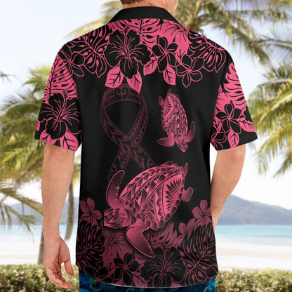 Personalised Polynesian Turtle Ribbon Hawaiian Shirt Think Pink Breast Cancer Support With Pacific Hibiscus