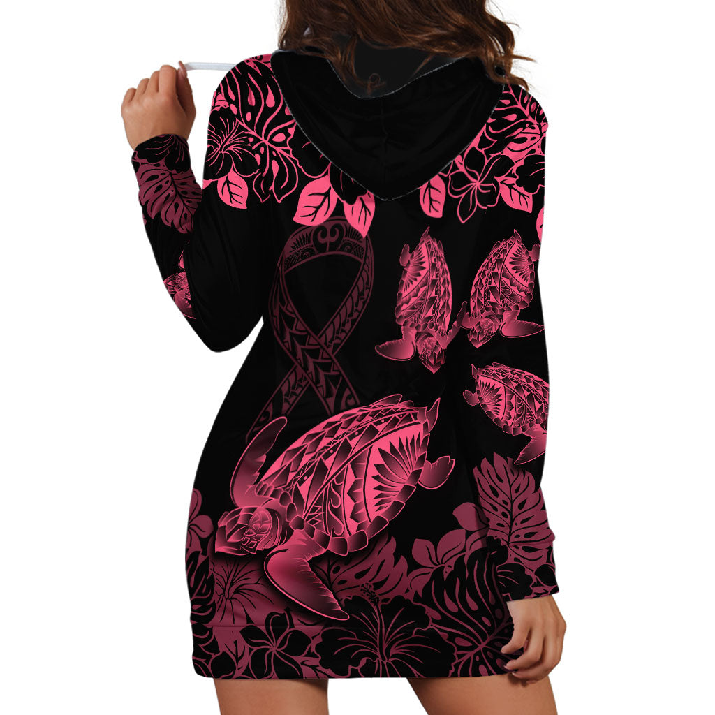 Personalised Polynesian Turtle Ribbon Hoodie Dress Think Pink Breast Cancer Support With Pacific Hibiscus