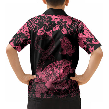 Personalised Polynesian Turtle Ribbon Kid Hawaiian Shirt Think Pink Breast Cancer Support With Pacific Hibiscus