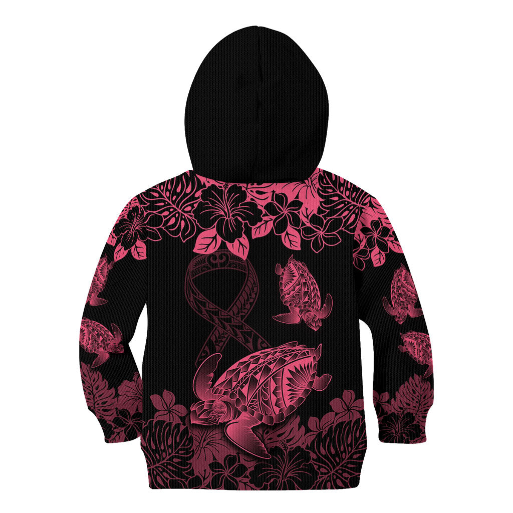 Personalised Polynesian Turtle Ribbon Kid Hoodie Think Pink Breast Cancer Support With Pacific Hibiscus