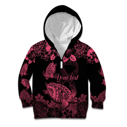 Personalised Polynesian Turtle Ribbon Kid Hoodie Think Pink Breast Cancer Support With Pacific Hibiscus
