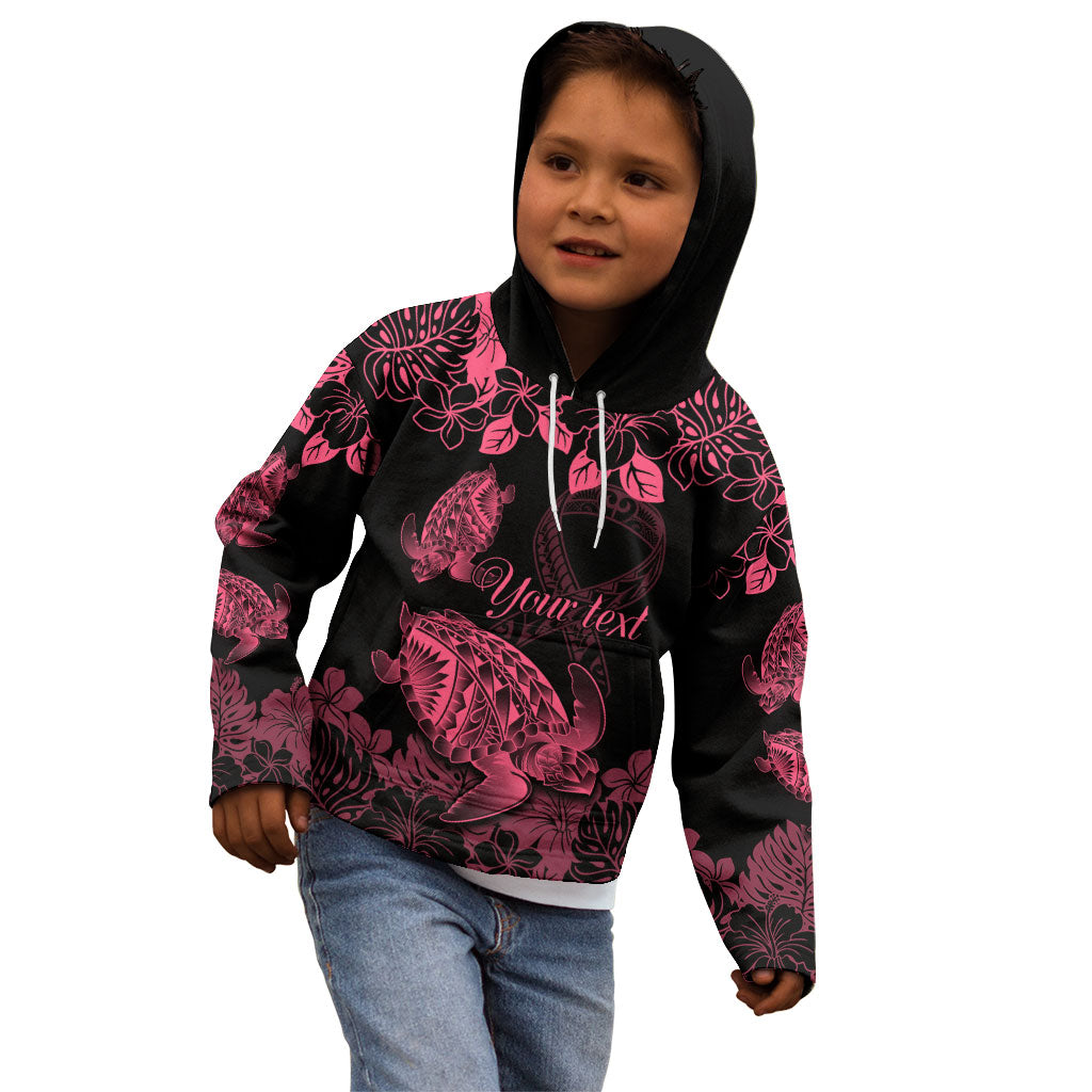 Personalised Polynesian Turtle Ribbon Kid Hoodie Think Pink Breast Cancer Support With Pacific Hibiscus