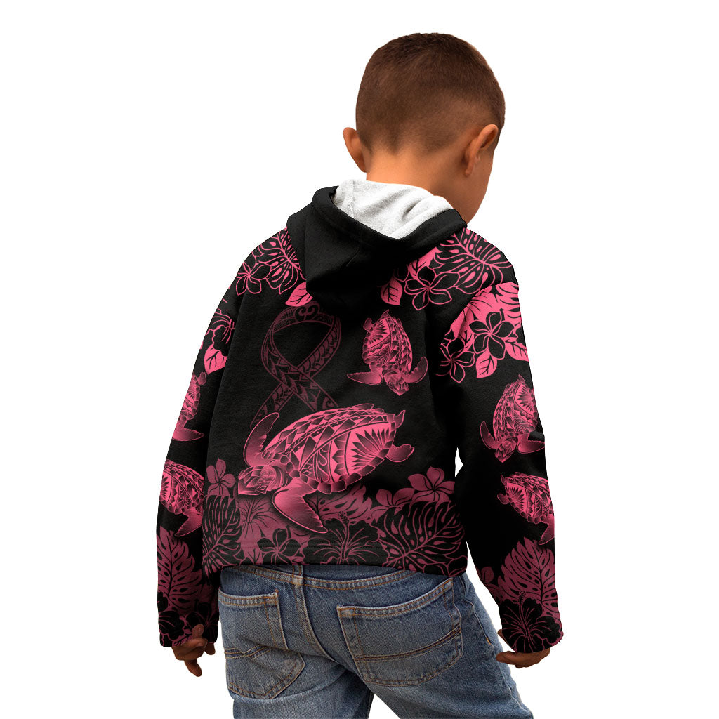Personalised Polynesian Turtle Ribbon Kid Hoodie Think Pink Breast Cancer Support With Pacific Hibiscus