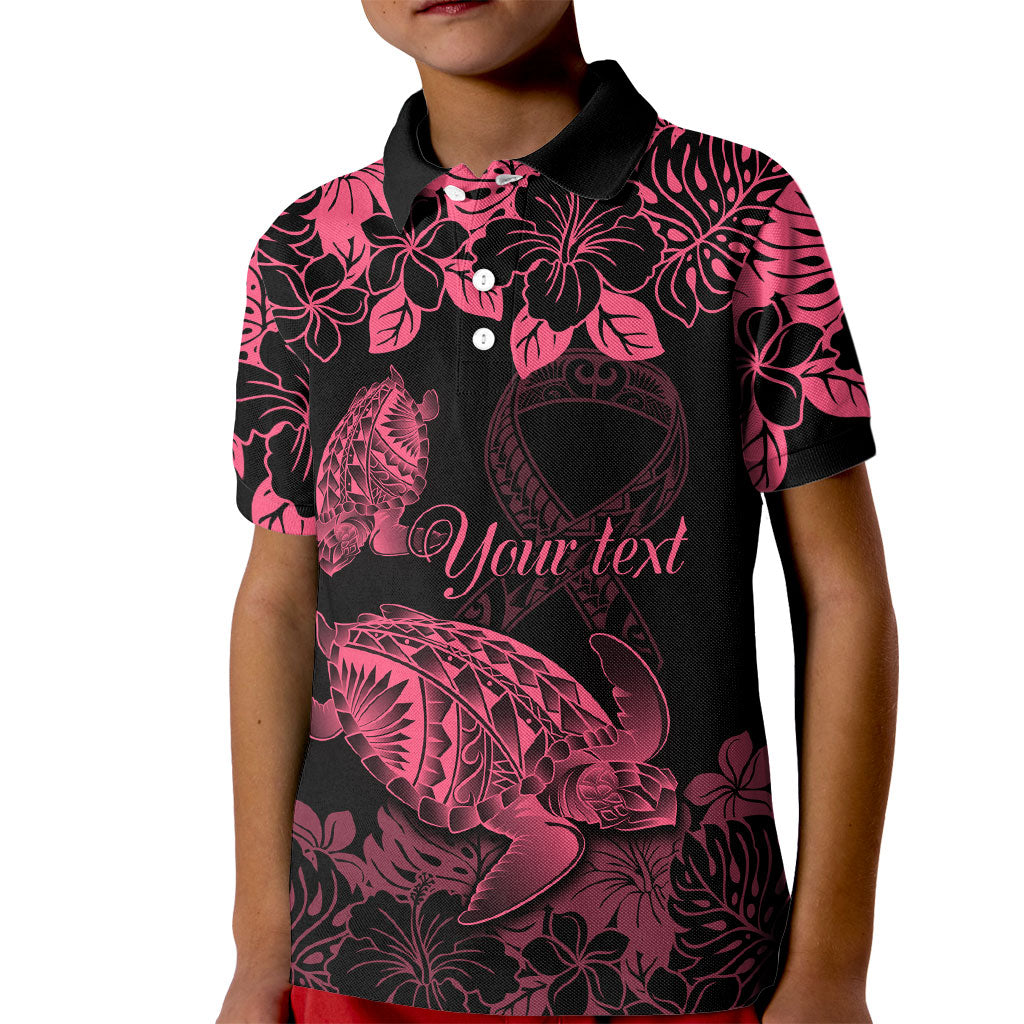 Personalised Polynesian Turtle Ribbon Kid Polo Shirt Think Pink Breast Cancer Support With Pacific Hibiscus