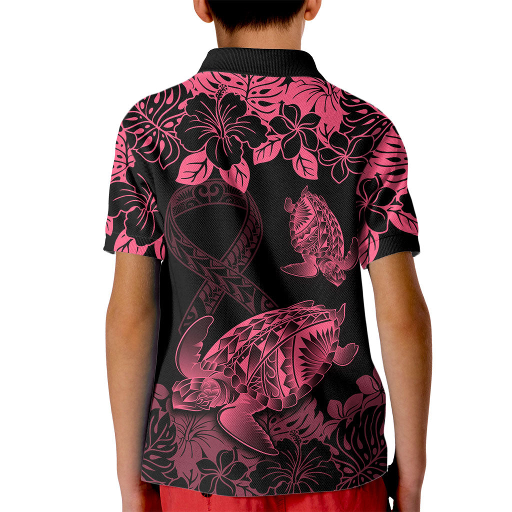 Personalised Polynesian Turtle Ribbon Kid Polo Shirt Think Pink Breast Cancer Support With Pacific Hibiscus