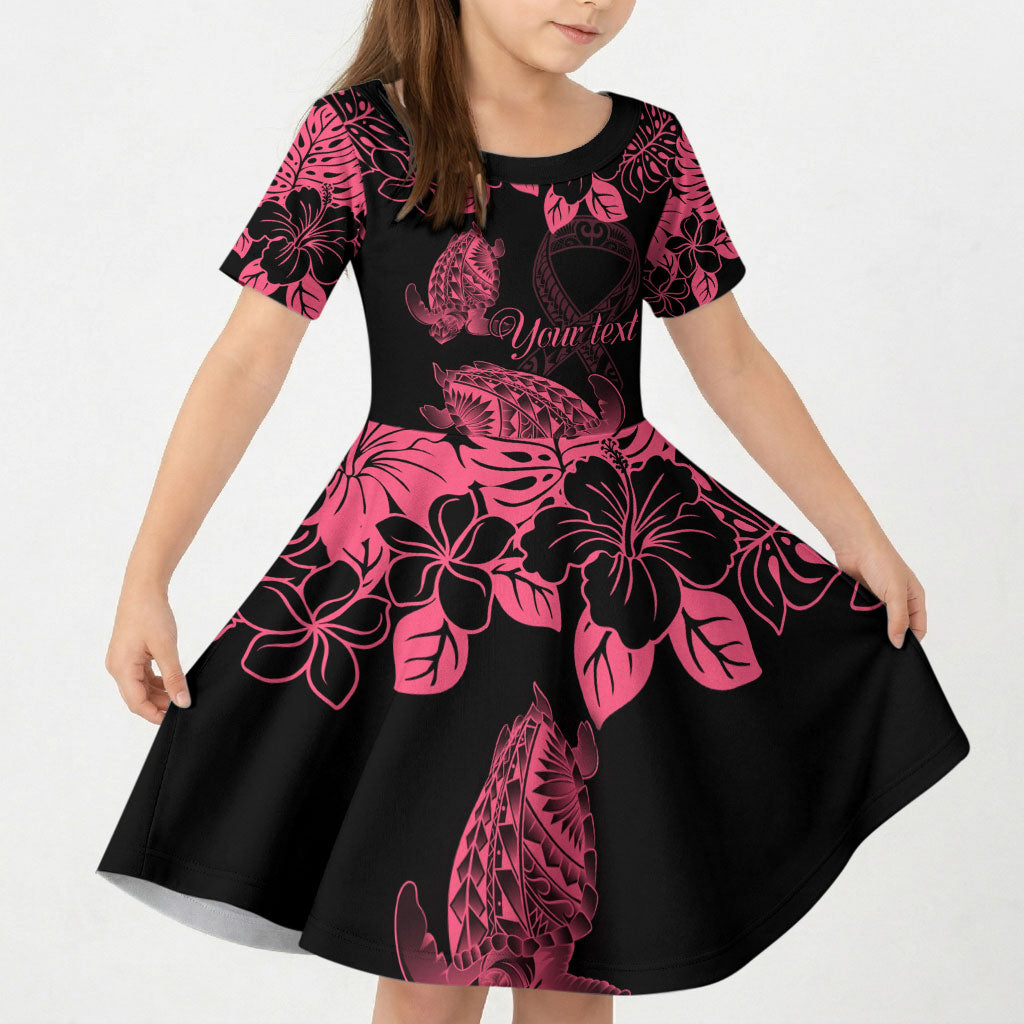 Personalised Polynesian Turtle Ribbon Kid Short Sleeve Dress Think Pink Breast Cancer Support With Pacific Hibiscus