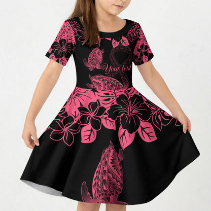 Personalised Polynesian Turtle Ribbon Kid Short Sleeve Dress Think Pink Breast Cancer Support With Pacific Hibiscus