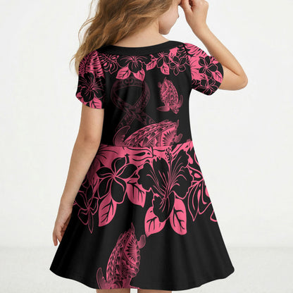 Personalised Polynesian Turtle Ribbon Kid Short Sleeve Dress Think Pink Breast Cancer Support With Pacific Hibiscus