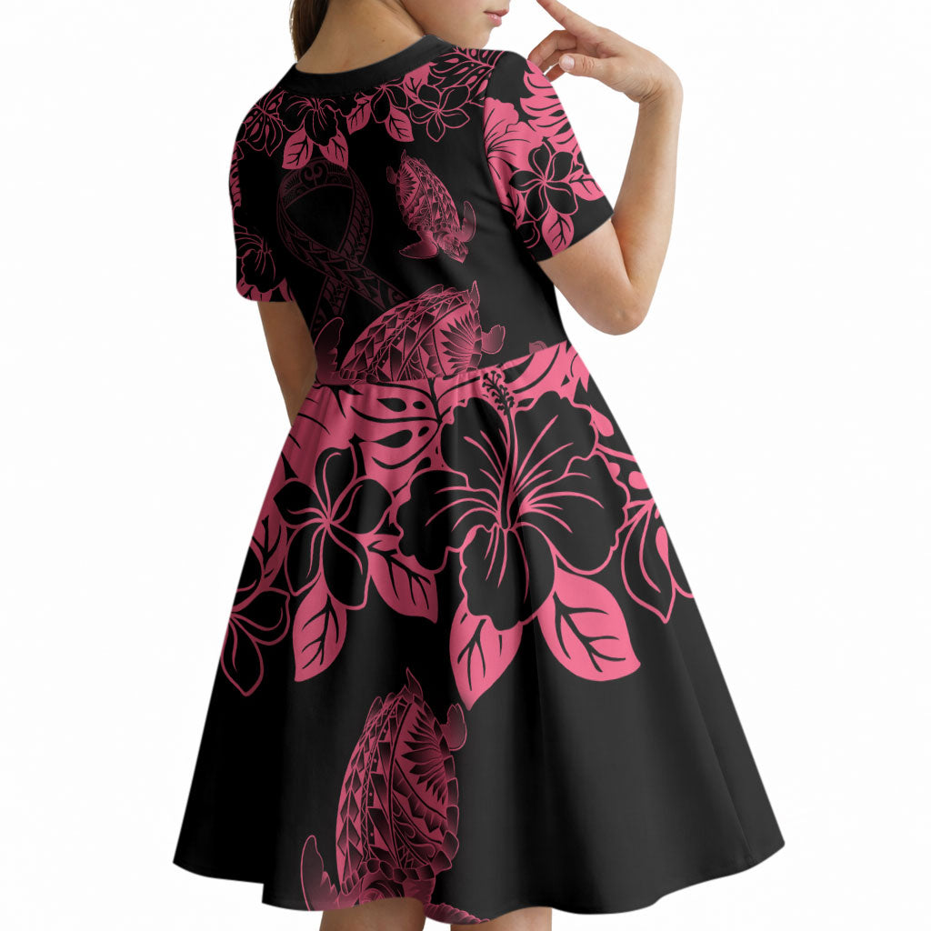 Personalised Polynesian Turtle Ribbon Kid Short Sleeve Dress Think Pink Breast Cancer Support With Pacific Hibiscus