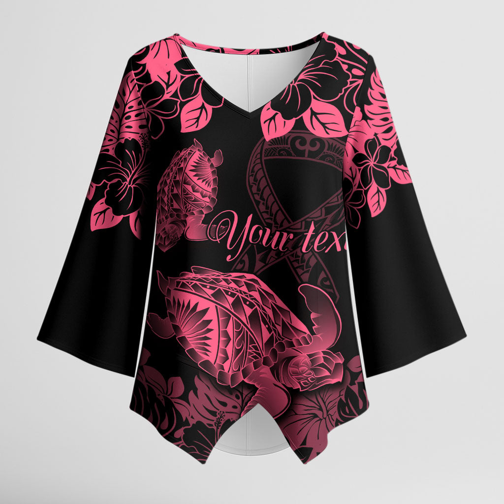 Personalised Polynesian Turtle Ribbon Kimono Sleeve Blouse Think Pink Breast Cancer Support With Pacific Hibiscus