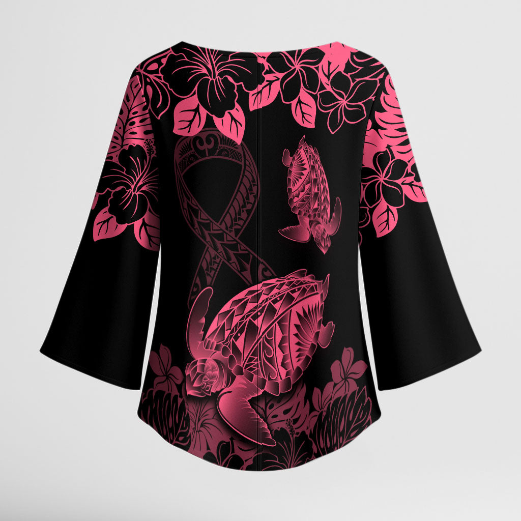 Personalised Polynesian Turtle Ribbon Kimono Sleeve Blouse Think Pink Breast Cancer Support With Pacific Hibiscus