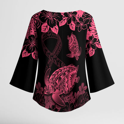 Personalised Polynesian Turtle Ribbon Kimono Sleeve Blouse Think Pink Breast Cancer Support With Pacific Hibiscus