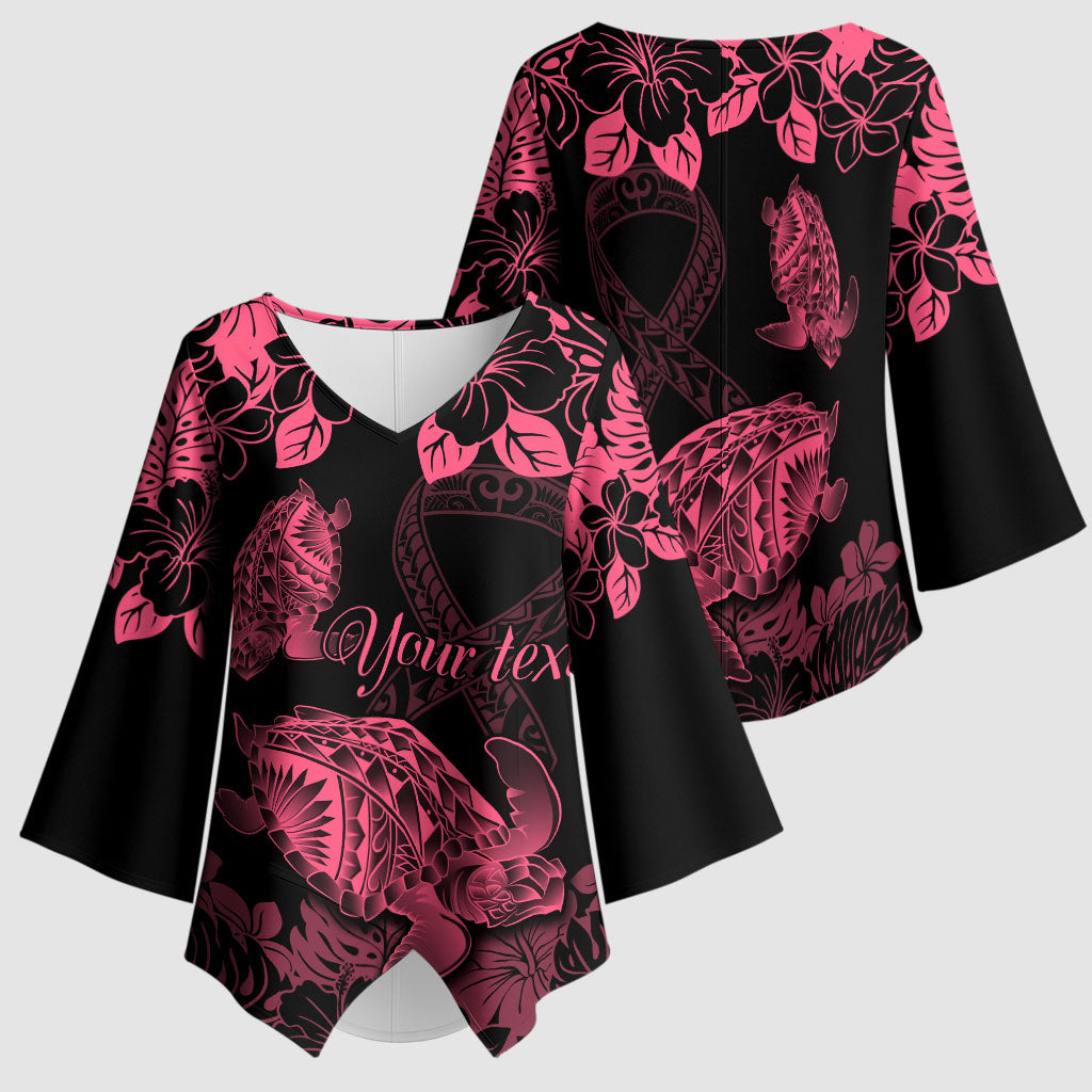 Personalised Polynesian Turtle Ribbon Kimono Sleeve Blouse Think Pink Breast Cancer Support With Pacific Hibiscus