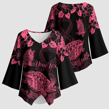 Personalised Polynesian Turtle Ribbon Kimono Sleeve Blouse Think Pink Breast Cancer Support With Pacific Hibiscus