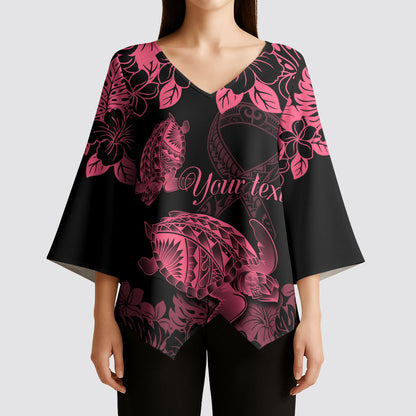 Personalised Polynesian Turtle Ribbon Kimono Sleeve Blouse Think Pink Breast Cancer Support With Pacific Hibiscus
