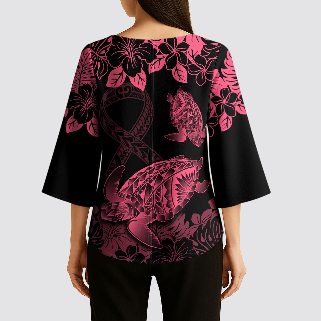 Personalised Polynesian Turtle Ribbon Kimono Sleeve Blouse Think Pink Breast Cancer Support With Pacific Hibiscus