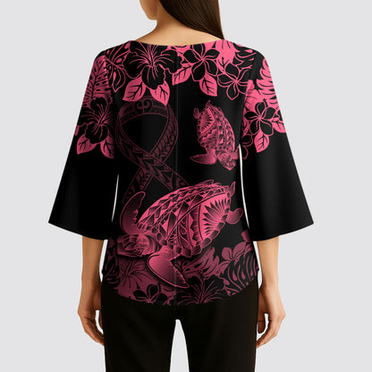 Personalised Polynesian Turtle Ribbon Kimono Sleeve Blouse Think Pink Breast Cancer Support With Pacific Hibiscus