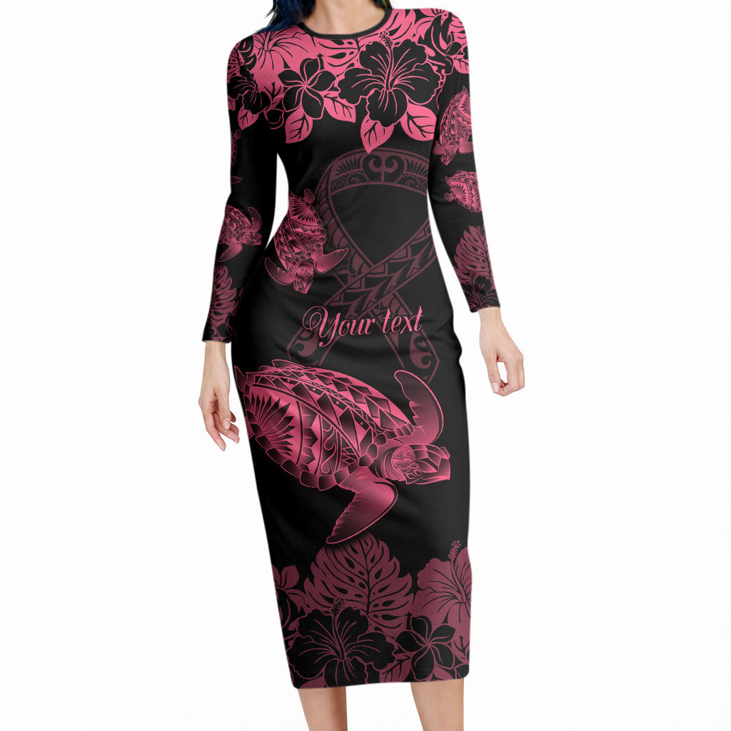 Personalised Polynesian Turtle Ribbon Long Sleeve Bodycon Dress Think Pink Breast Cancer Support With Pacific Hibiscus