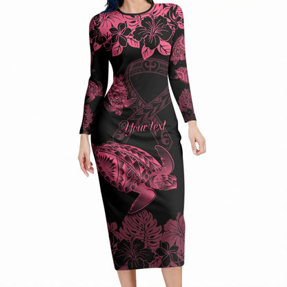 Personalised Polynesian Turtle Ribbon Long Sleeve Bodycon Dress Think Pink Breast Cancer Support With Pacific Hibiscus