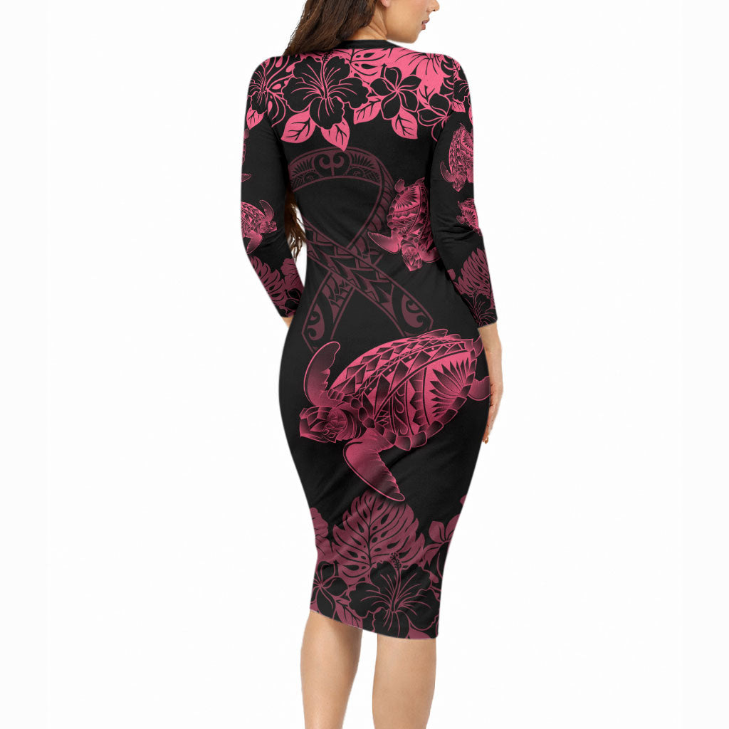 Personalised Polynesian Turtle Ribbon Long Sleeve Bodycon Dress Think Pink Breast Cancer Support With Pacific Hibiscus