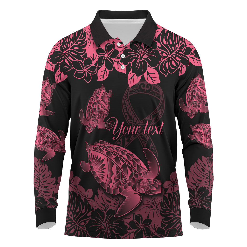 Personalised Polynesian Turtle Ribbon Long Sleeve Polo Shirt Think Pink Breast Cancer Support With Pacific Hibiscus