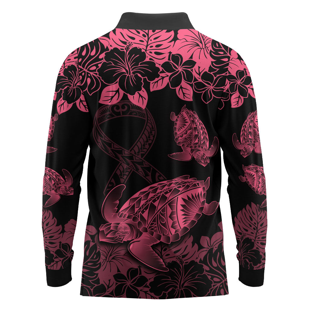 Personalised Polynesian Turtle Ribbon Long Sleeve Polo Shirt Think Pink Breast Cancer Support With Pacific Hibiscus