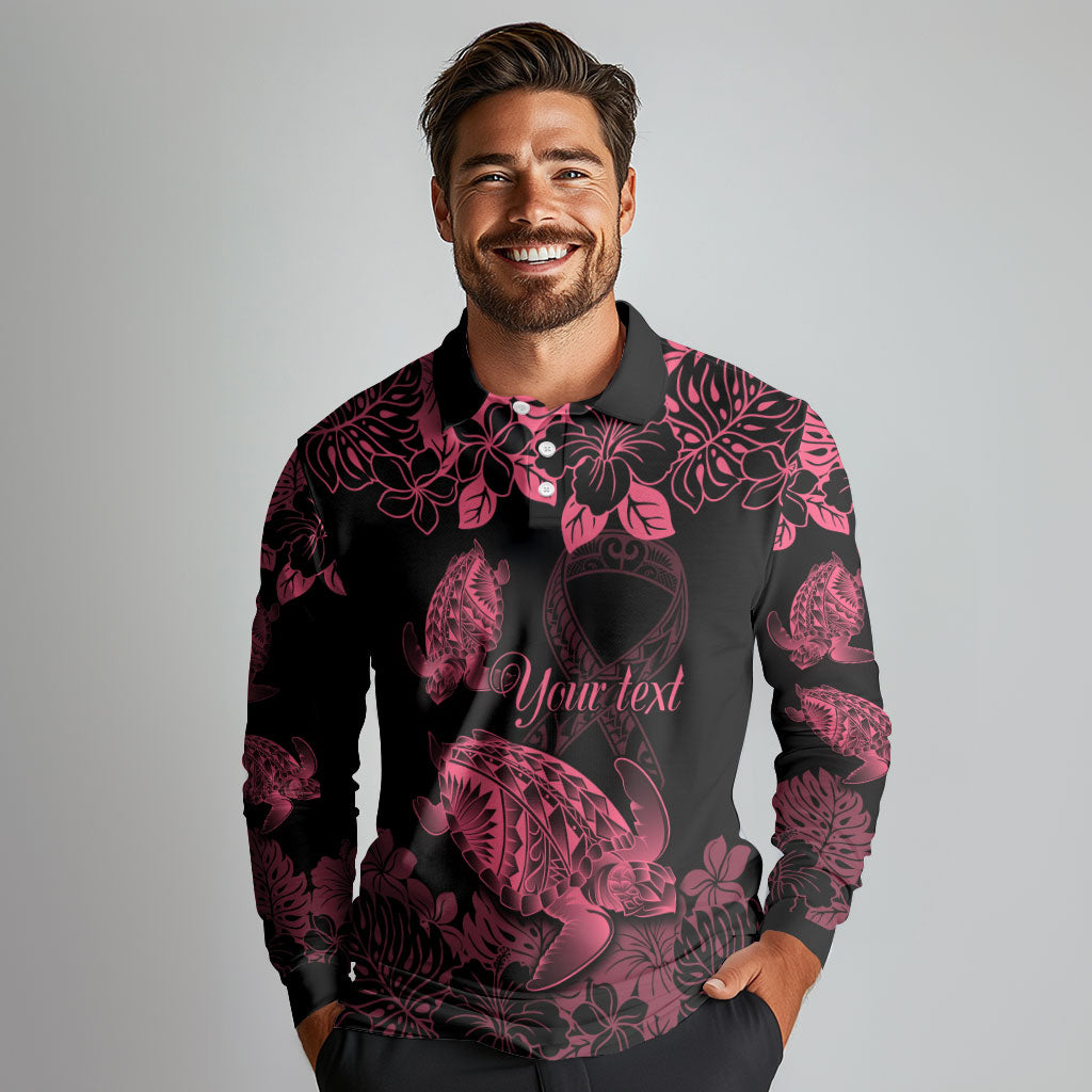 Personalised Polynesian Turtle Ribbon Long Sleeve Polo Shirt Think Pink Breast Cancer Support With Pacific Hibiscus