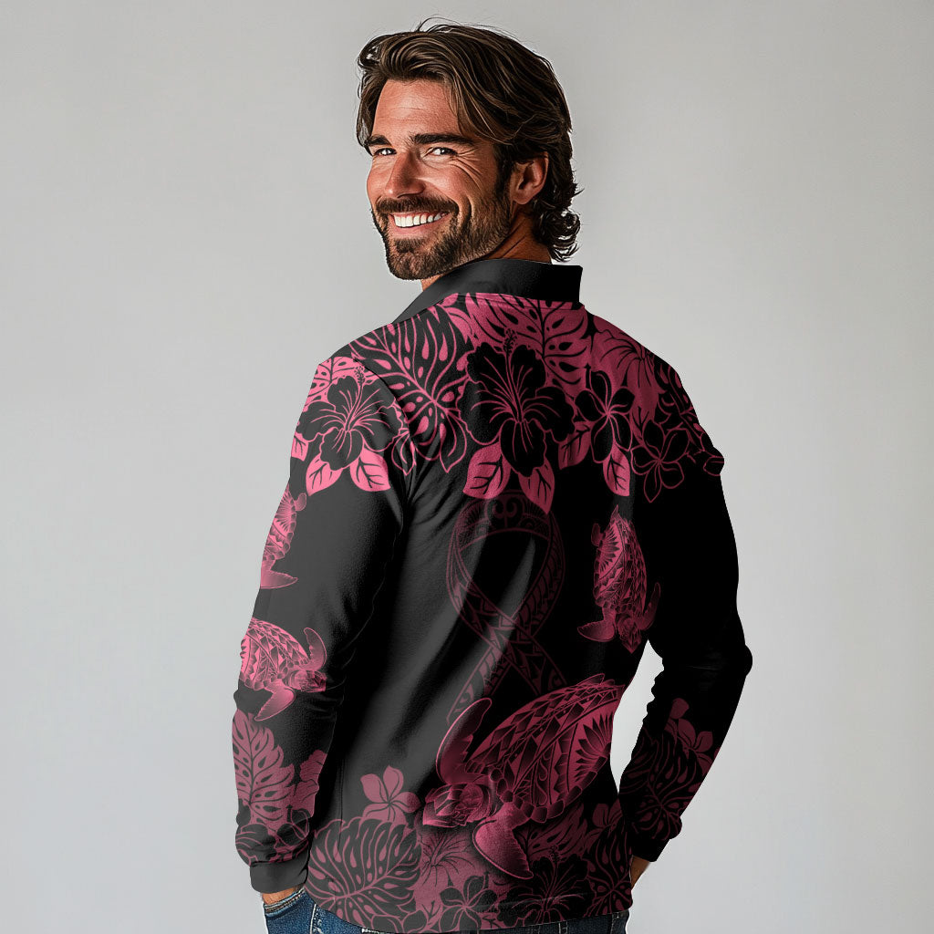 Personalised Polynesian Turtle Ribbon Long Sleeve Polo Shirt Think Pink Breast Cancer Support With Pacific Hibiscus