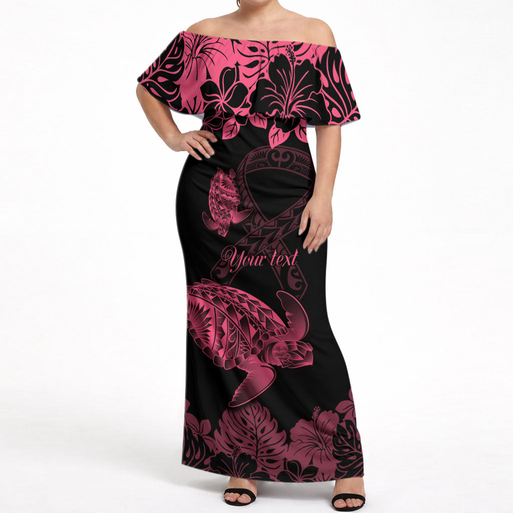 Personalised Polynesian Turtle Ribbon Off Shoulder Maxi Dress Think Pink Breast Cancer Support With Pacific Hibiscus