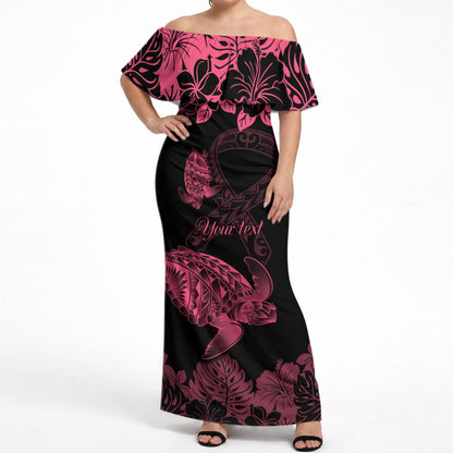 Personalised Polynesian Turtle Ribbon Off Shoulder Maxi Dress Think Pink Breast Cancer Support With Pacific Hibiscus