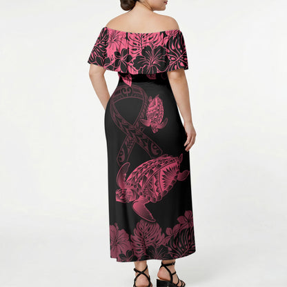 Personalised Polynesian Turtle Ribbon Off Shoulder Maxi Dress Think Pink Breast Cancer Support With Pacific Hibiscus