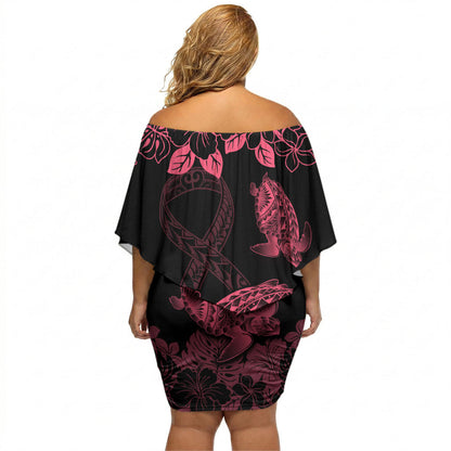 Personalised Polynesian Turtle Ribbon Off Shoulder Short Dress Think Pink Breast Cancer Support With Pacific Hibiscus