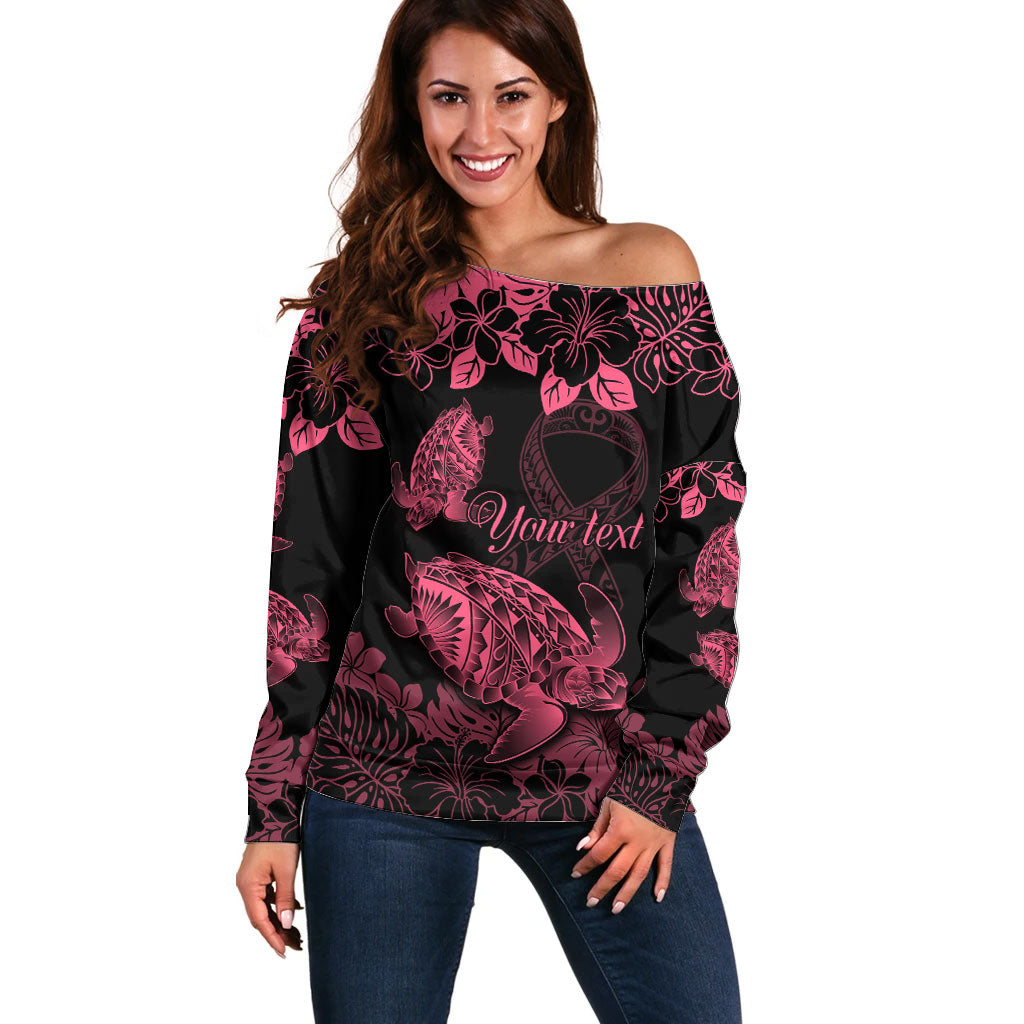 Personalised Polynesian Turtle Ribbon Off Shoulder Sweater Think Pink Breast Cancer Support With Pacific Hibiscus