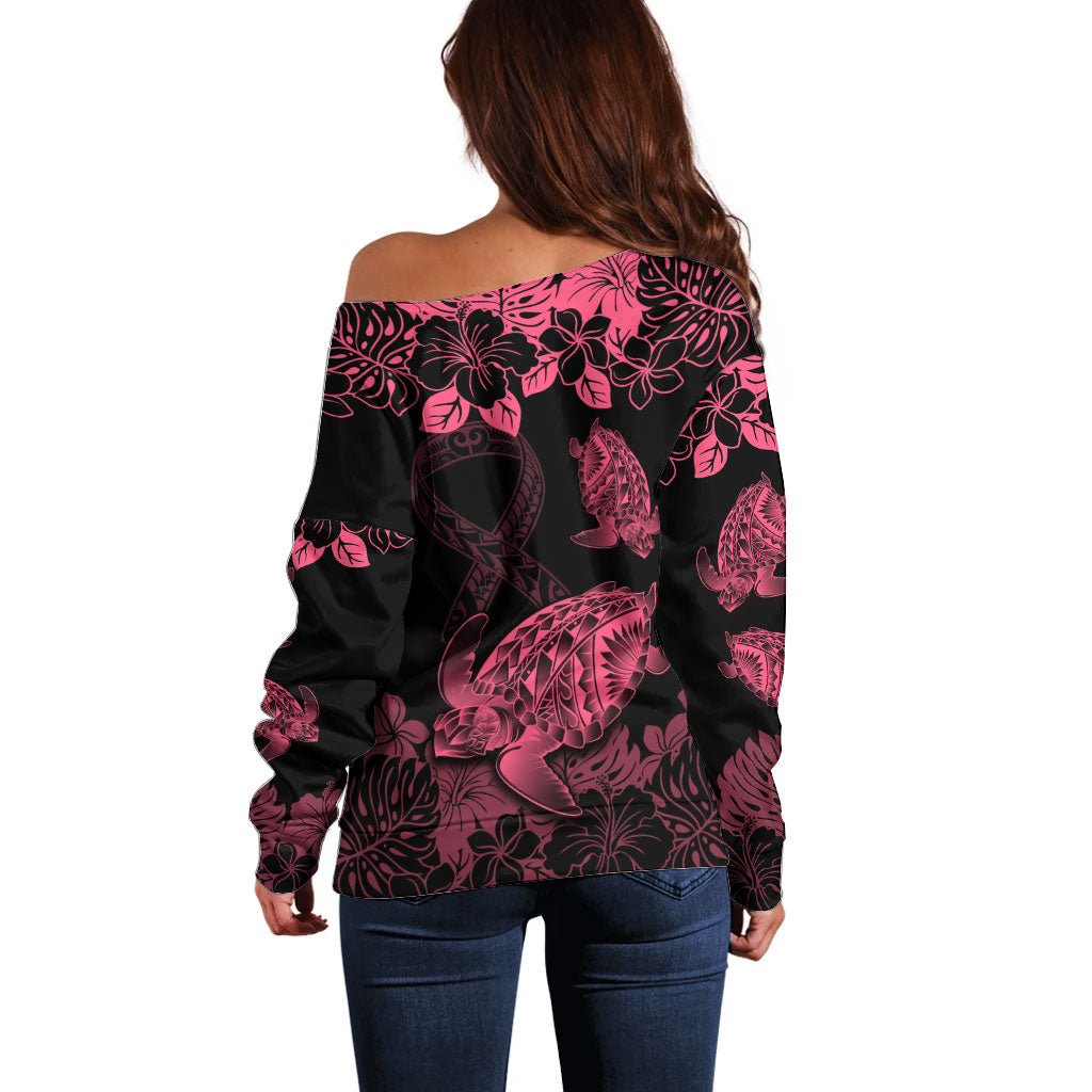 Personalised Polynesian Turtle Ribbon Off Shoulder Sweater Think Pink Breast Cancer Support With Pacific Hibiscus