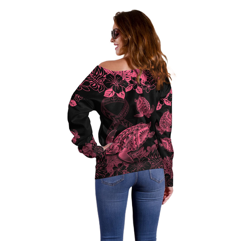Personalised Polynesian Turtle Ribbon Off Shoulder Sweater Think Pink Breast Cancer Support With Pacific Hibiscus