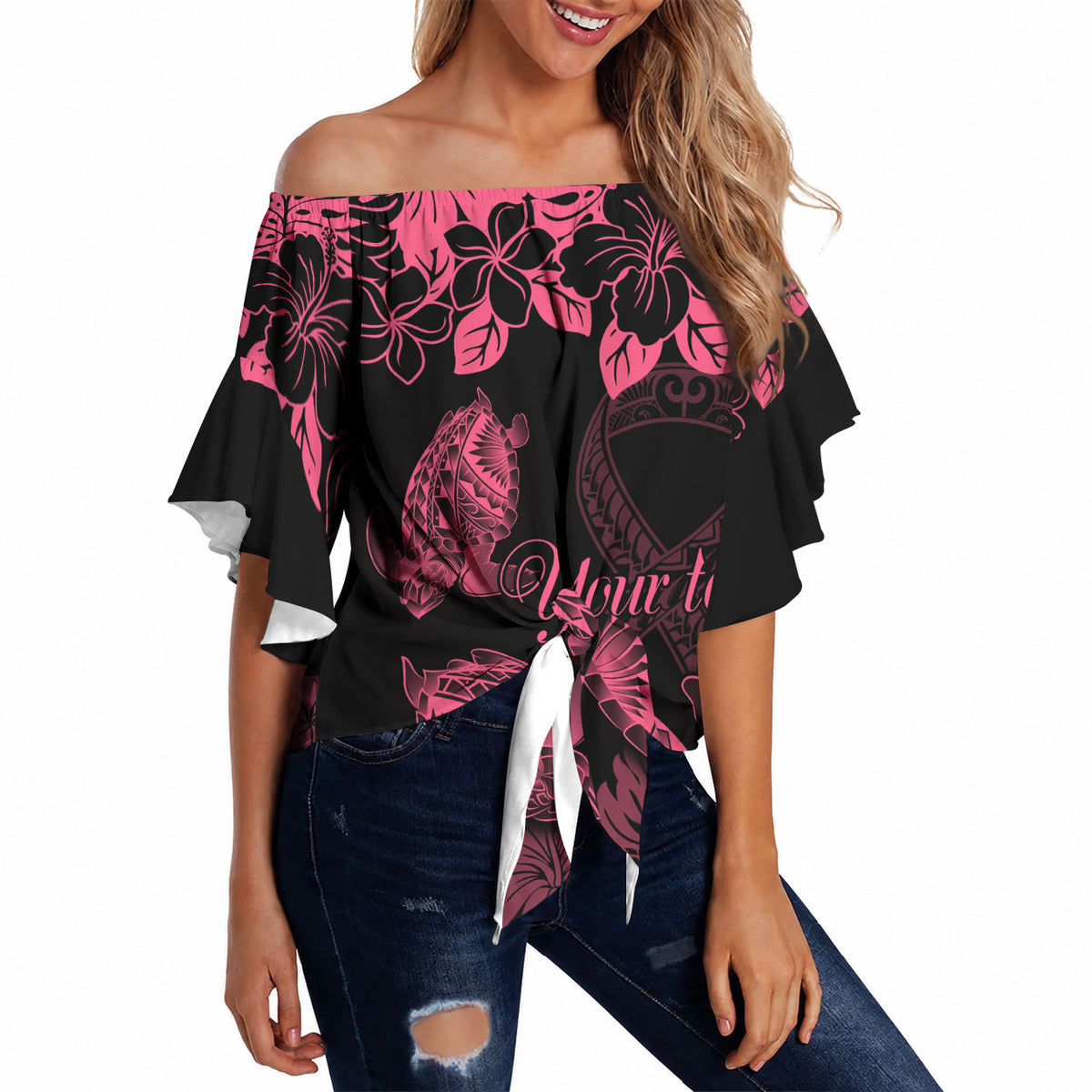 Personalised Polynesian Turtle Ribbon Off Shoulder Wrap Waist Top Think Pink Breast Cancer Support With Pacific Hibiscus