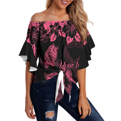 Personalised Polynesian Turtle Ribbon Off Shoulder Wrap Waist Top Think Pink Breast Cancer Support With Pacific Hibiscus