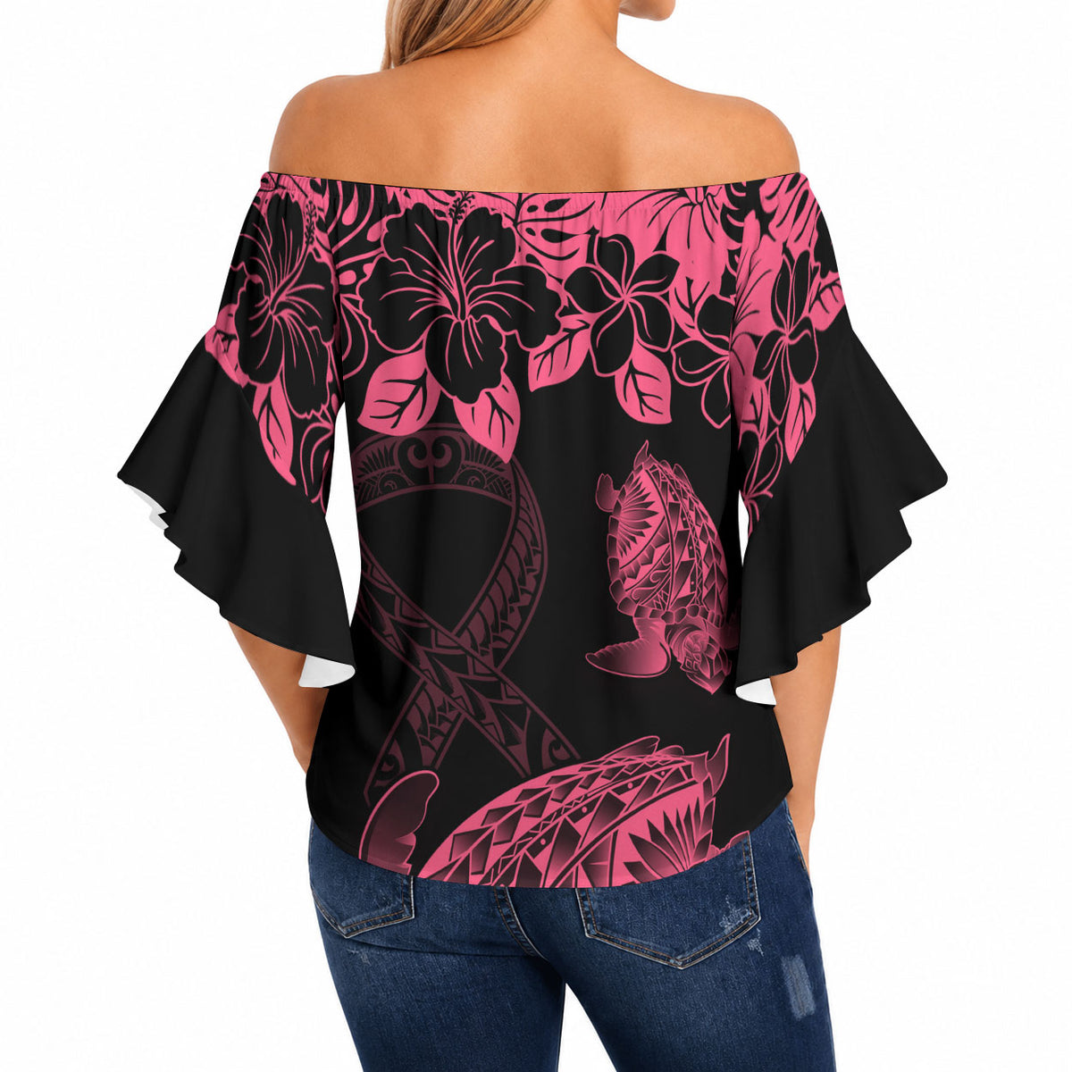 Personalised Polynesian Turtle Ribbon Off Shoulder Wrap Waist Top Think Pink Breast Cancer Support With Pacific Hibiscus