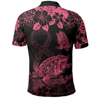 Personalised Polynesian Turtle Ribbon Polo Shirt Think Pink Breast Cancer Support With Pacific Hibiscus