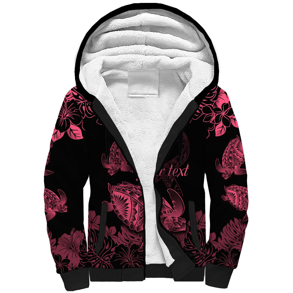 Personalised Polynesian Turtle Ribbon Sherpa Hoodie Think Pink Breast Cancer Support With Pacific Hibiscus