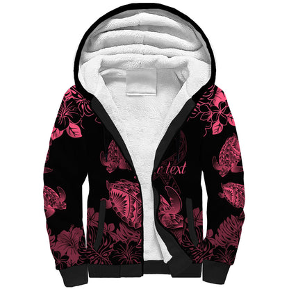 Personalised Polynesian Turtle Ribbon Sherpa Hoodie Think Pink Breast Cancer Support With Pacific Hibiscus
