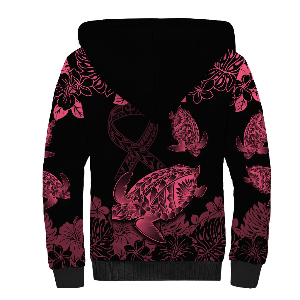 Personalised Polynesian Turtle Ribbon Sherpa Hoodie Think Pink Breast Cancer Support With Pacific Hibiscus