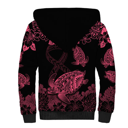 Personalised Polynesian Turtle Ribbon Sherpa Hoodie Think Pink Breast Cancer Support With Pacific Hibiscus