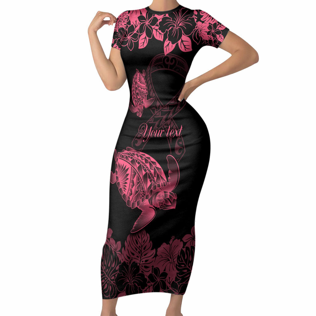 Personalised Polynesian Turtle Ribbon Short Sleeve Bodycon Dress Think Pink Breast Cancer Support With Pacific Hibiscus