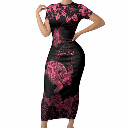 Personalised Polynesian Turtle Ribbon Short Sleeve Bodycon Dress Think Pink Breast Cancer Support With Pacific Hibiscus