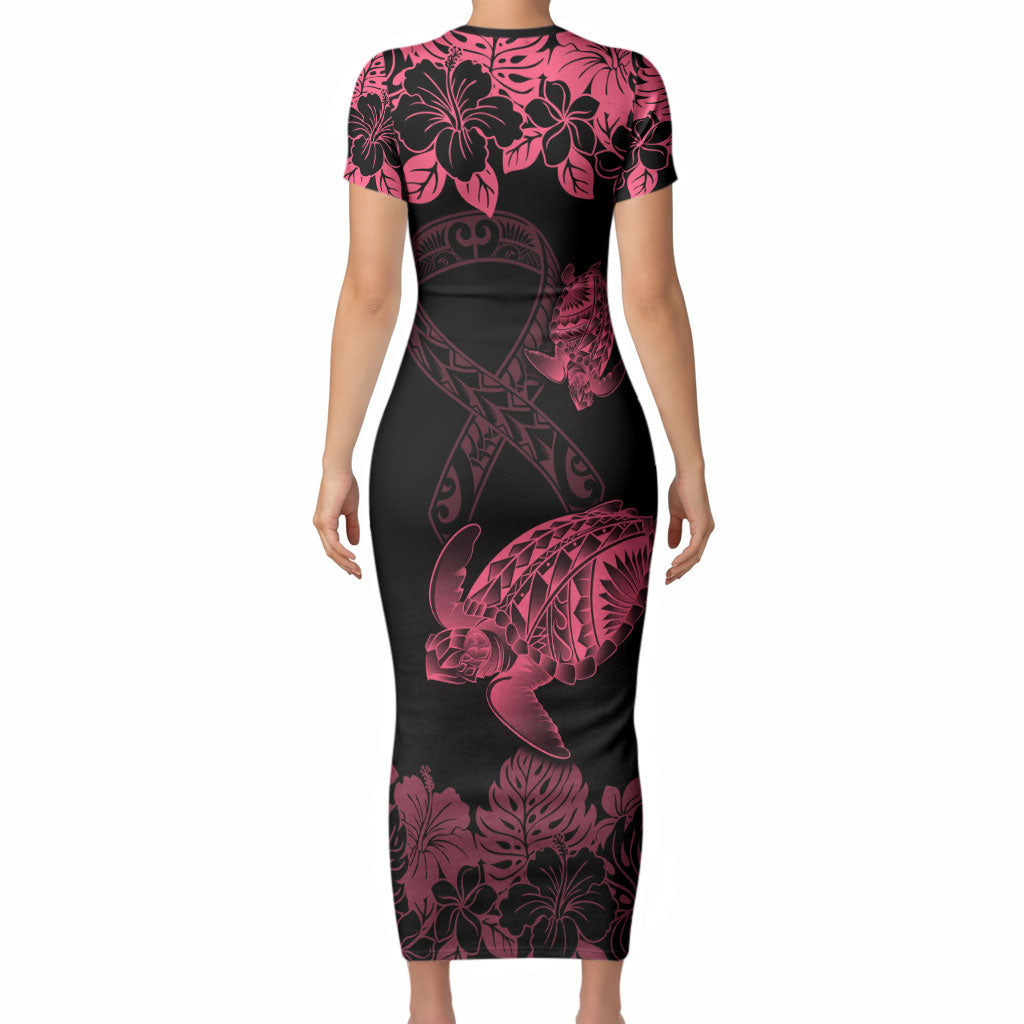 Personalised Polynesian Turtle Ribbon Short Sleeve Bodycon Dress Think Pink Breast Cancer Support With Pacific Hibiscus
