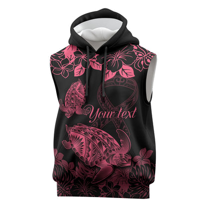 Personalised Polynesian Turtle Ribbon Sleeveless Hoodie Think Pink Breast Cancer Support With Pacific Hibiscus