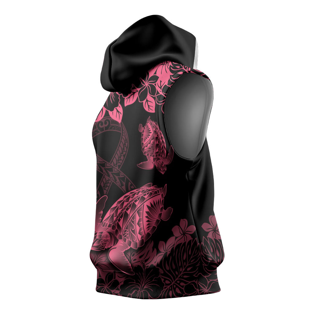 Personalised Polynesian Turtle Ribbon Sleeveless Hoodie Think Pink Breast Cancer Support With Pacific Hibiscus