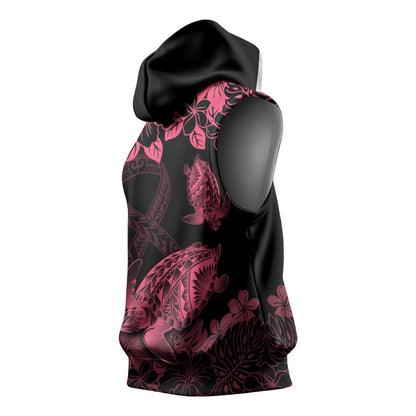 Personalised Polynesian Turtle Ribbon Sleeveless Hoodie Think Pink Breast Cancer Support With Pacific Hibiscus